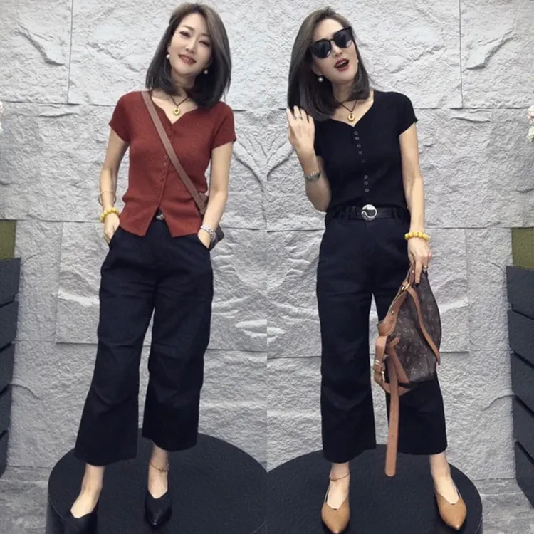 气质穿搭一整套轻熟御姐针织上衣休闲阔腿裤两件套装女夏2025新款