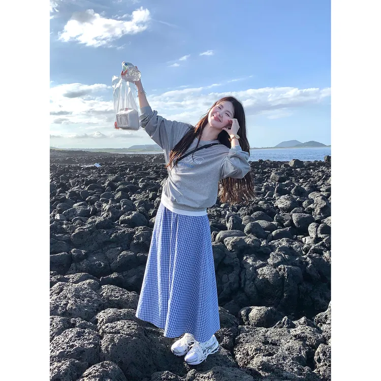 琥珀流光 火火火【苍蓝信笺】韩版小众格子松紧腰半身裙B36893HH53