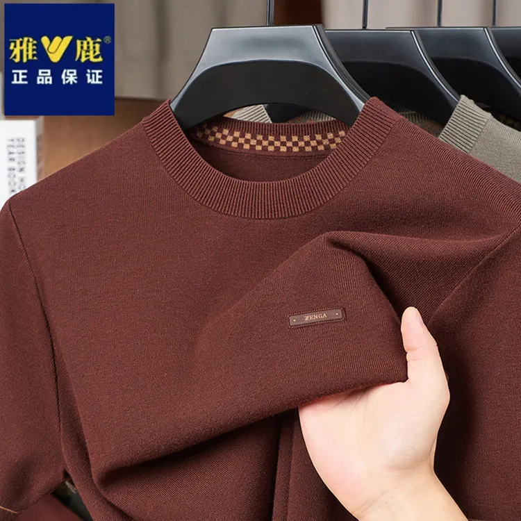 雅鹿秋冬季圆领短袖毛衣休闲针织衫宽松亲肤透气加厚百搭纯色上衣