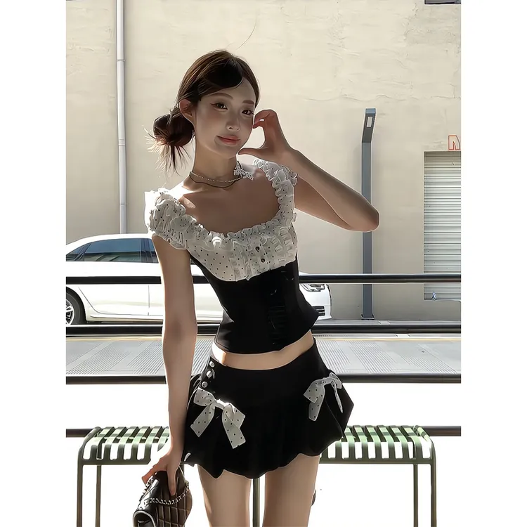 辣妹风拼接花边短款衬衫抹胸露肩纯欲上衣花苞裙短裙蓬蓬蛋糕裙女