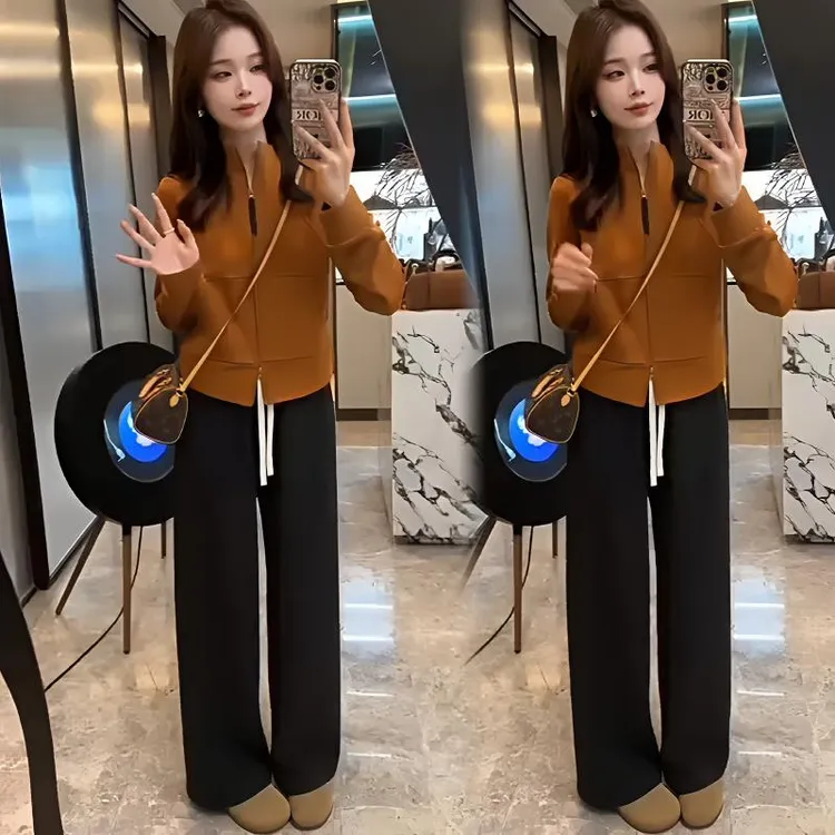 时尚套装女秋新款小个子外套长袖双拉链立领卫衣休闲阔腿裤两件套