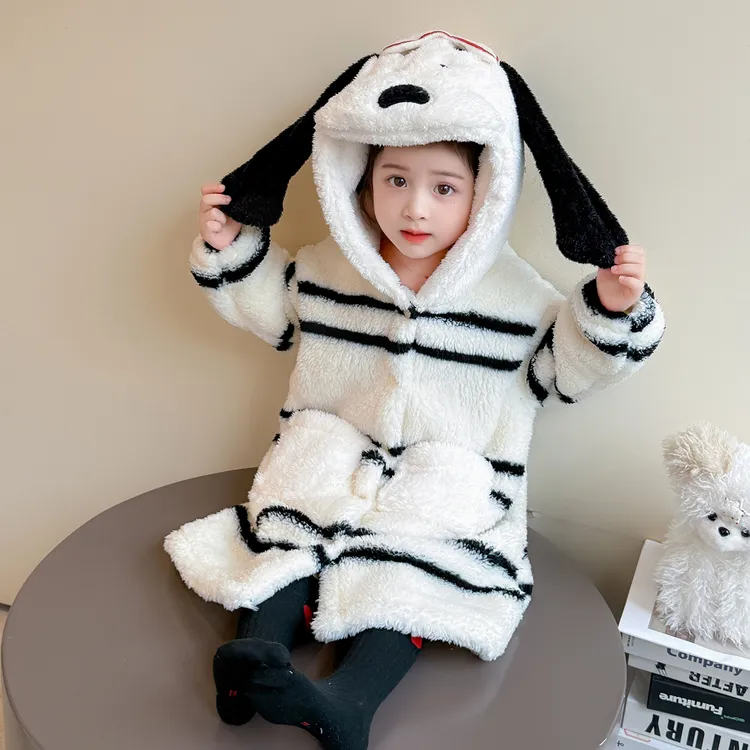 儿童睡袍女宝宝秋冬季加厚舒棉绒卡通可爱小狗连帽家居服2025新款