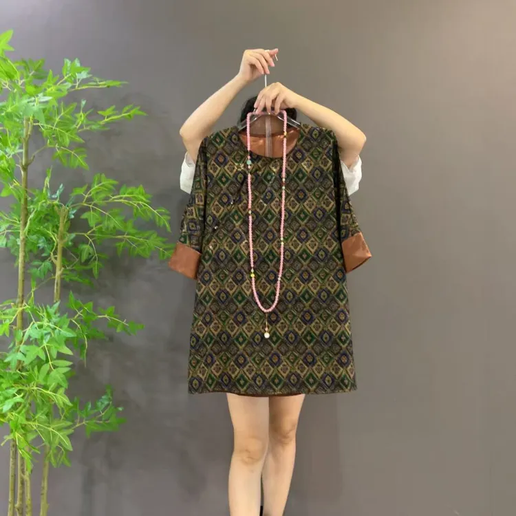 1189大码女装秋新款时尚复古风大衫圆领盘扣拼接百搭显瘦上衣微胖