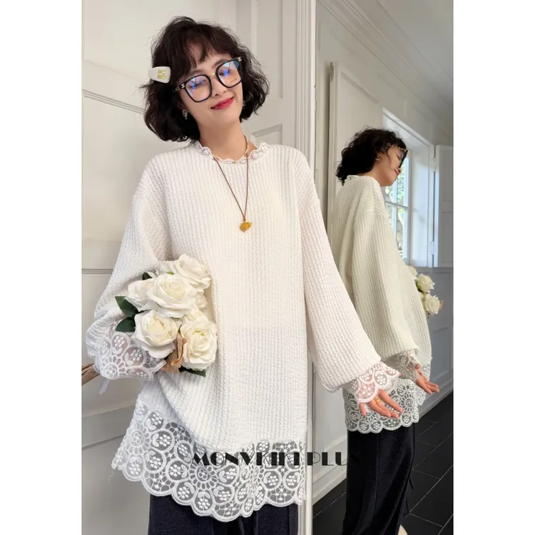 MoNvKiKiPlus2「月明」大码微胖仙女风加厚肌理感蕾丝上衣#B591