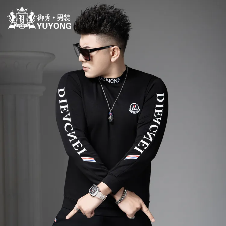 欧洲站男士潮流字母印花卫衣2025秋季新款半高领打底衫长袖T恤男