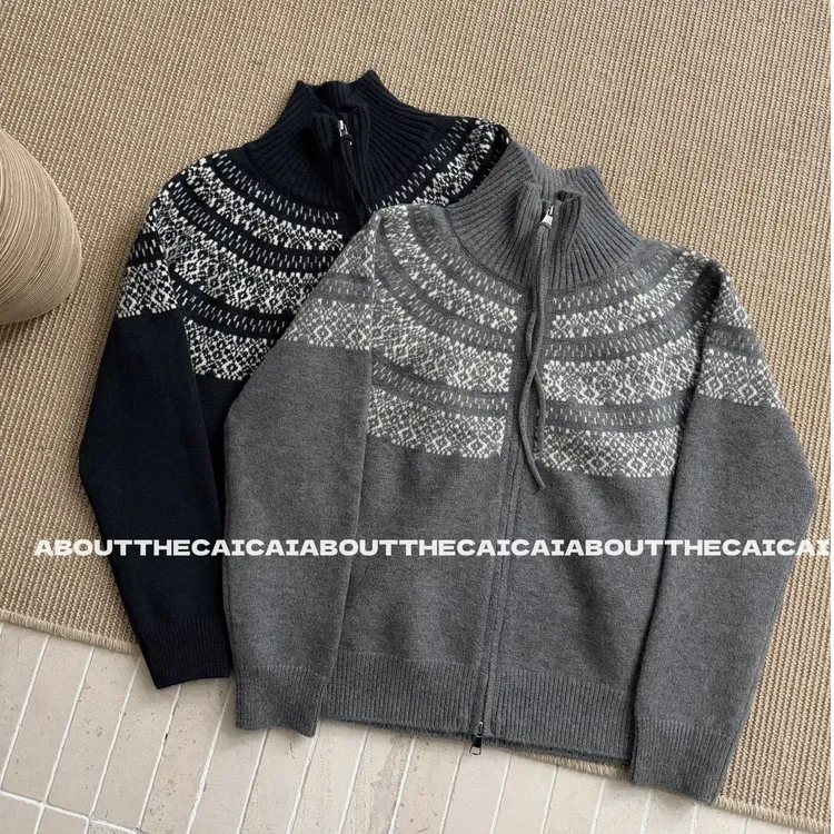 CAICAI 冬季加厚重磅立领开衫费尔岛毛衣
