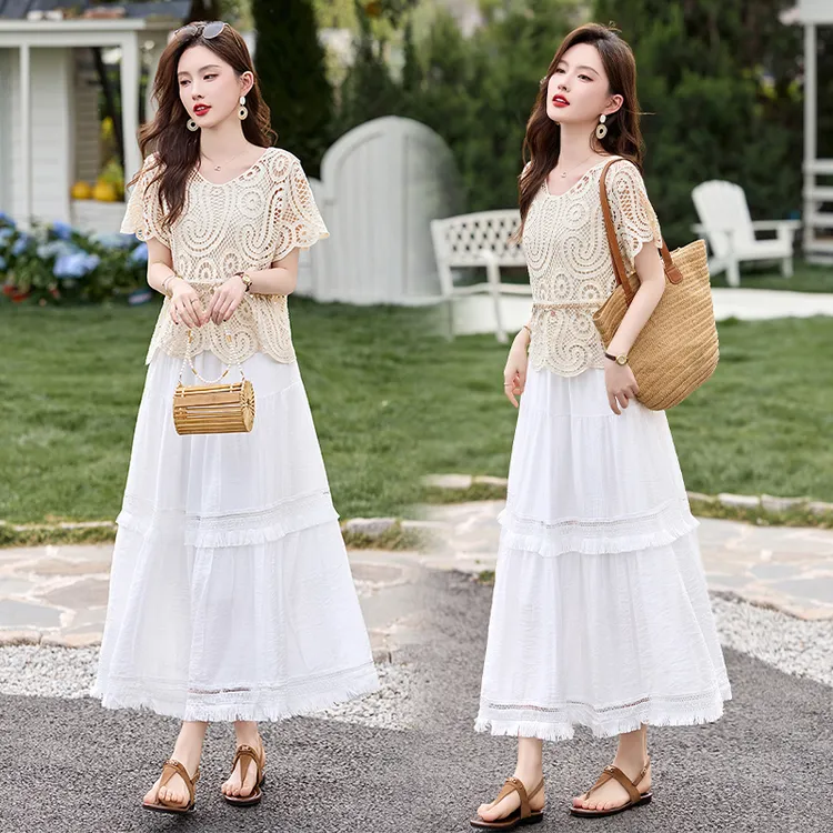 镂空钩花上衣中长款2025时尚拼接女装夏装两件套法式套装裙子