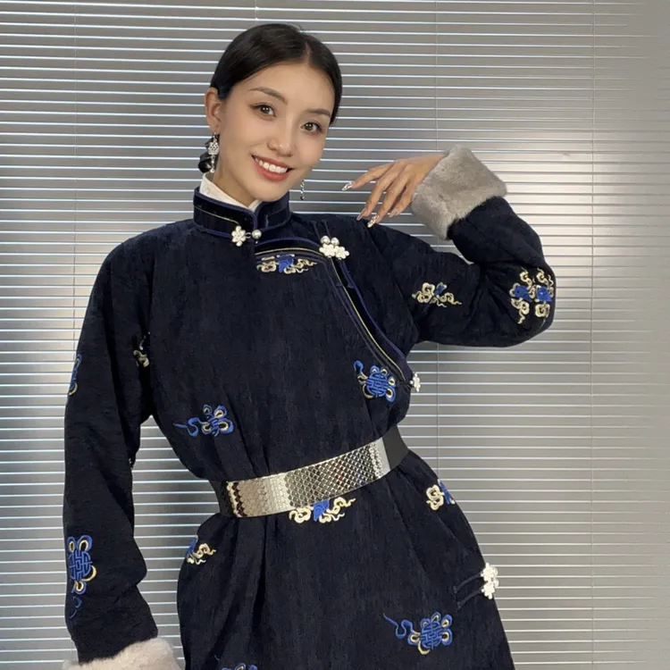 【丝棱锆】藏蓝色加绒复古冬季蒙古袍秋冬民族服装