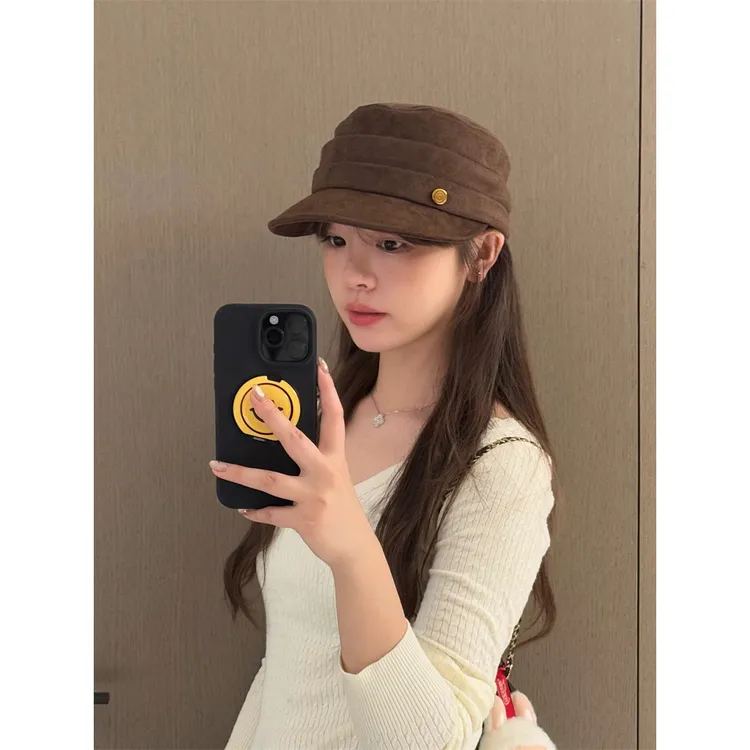 丁走走2025秋冬新款复古麂皮绒平顶马术帽百搭显脸小画家帽报童帽