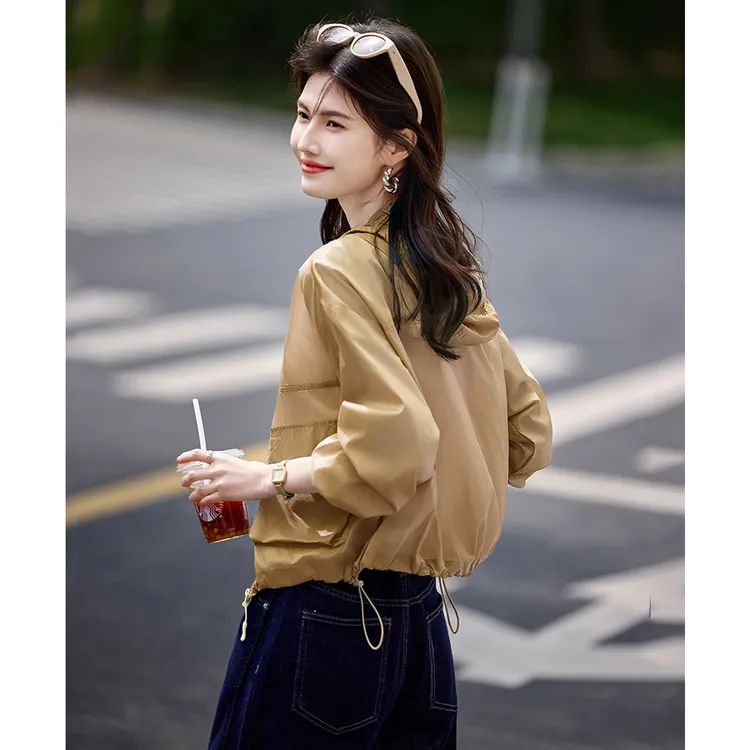 尚静轻薄微透户外遮阳连帽短外套2025夏季新款时尚休闲抽绳收腰