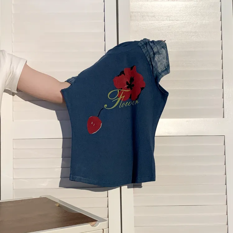 美式百搭复古印花拼接短袖T恤女2025夏季新款薄款微透设计感上衣