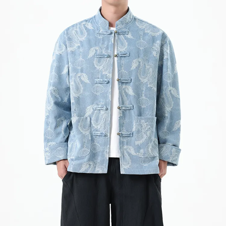 2025秋季新款中国风男装牛仔夹克新中式复古休闲大码外套刺绣唐装