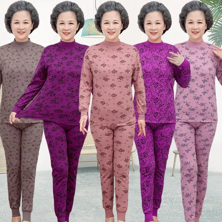 中老年秋衣秋裤女纯棉套装妈妈大码全棉保暖内衣老年人薄款棉毛衫
