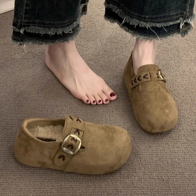 复古勃肯鞋女2025秋冬新款厚底加绒保暖一脚蹬乐福鞋豆豆鞋