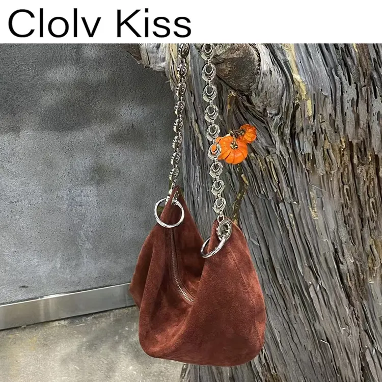 ClolvKiss真皮2025磨砂半月秋冬包女链条头层月牙斜腋下挎真皮包