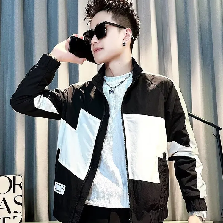 春季立领外套男款潮牌痞帅撞色拼接休闲夹克男装秋季短款百搭褂子