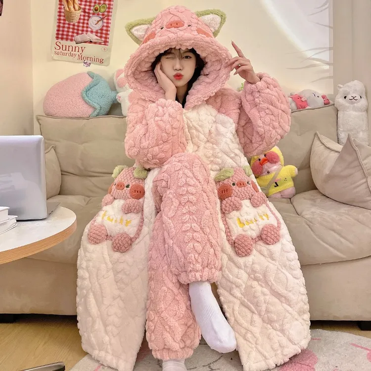珊瑚绒三层夹棉睡衣女秋冬季加绒加厚连帽睡袍可爱浴袍家居服冬天