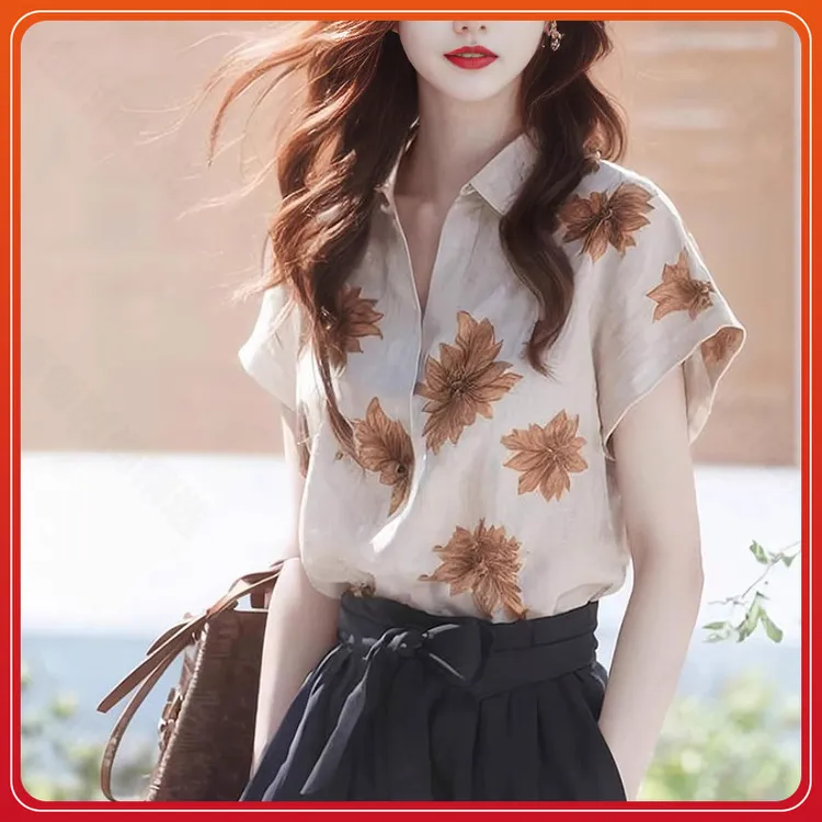 设计小众polo衬衫薄款短袖女士上衣宽松禅意气质款女装亚麻夏季