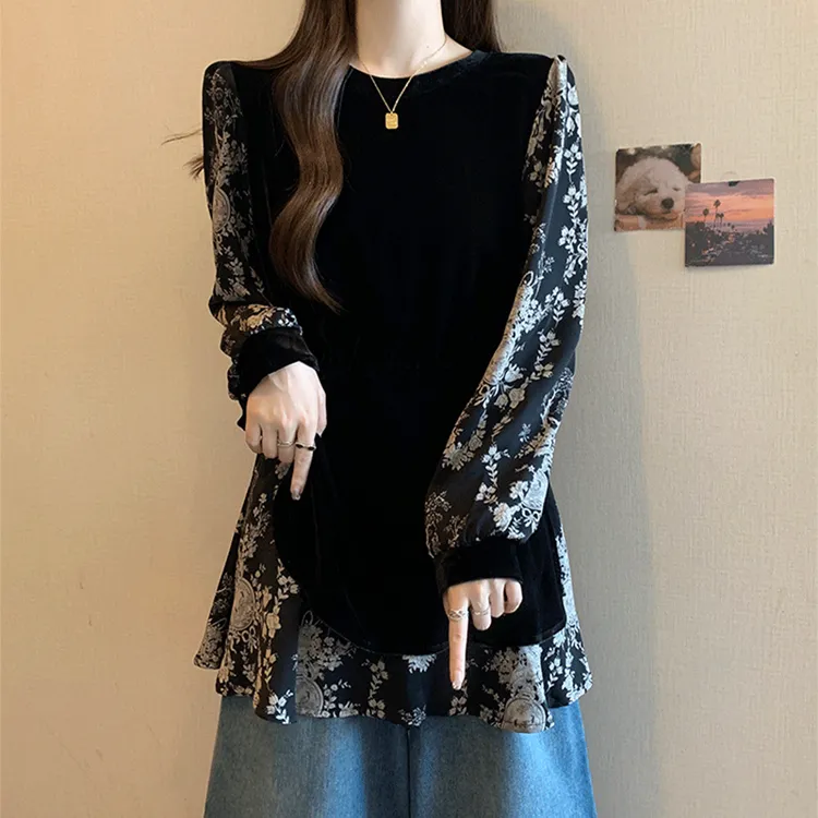 假两件复古碎花长袖衬衫女春秋2025大码胖mm收腰气质丝绒打底上衣