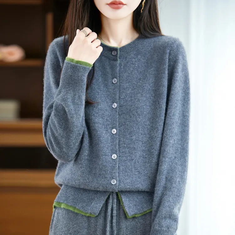 哥弟阿玛施正品秋冬新款纯羊毛衫撞色宽松女士毛针织开衫百搭上衣