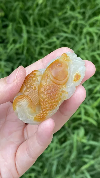 和田玉籽料金红皮锦鲤莲蓬，福运连连