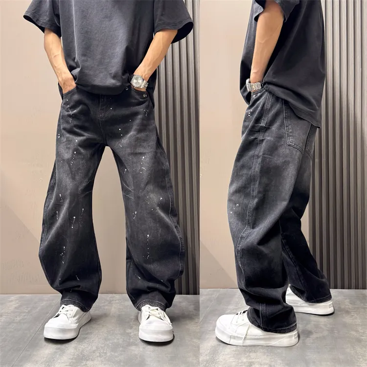 2025秋季新款美式阔腿裤设计感泼墨痞帅设计感牛仔裤男宽松弯刀裤