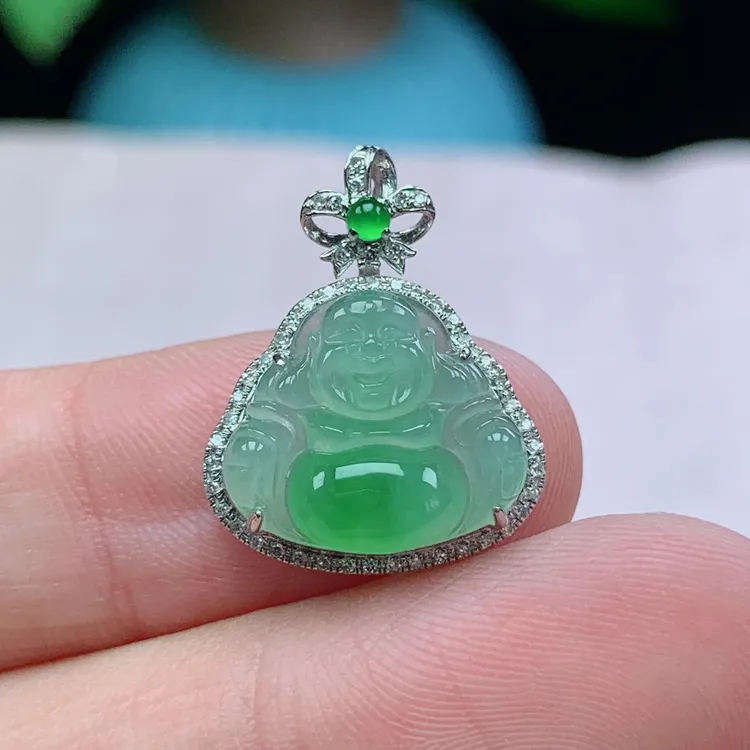 l缅甸天然翡翠A货20.6-16.5-6.5玉石冰种飘绿佛公锁骨链吊坠礼物