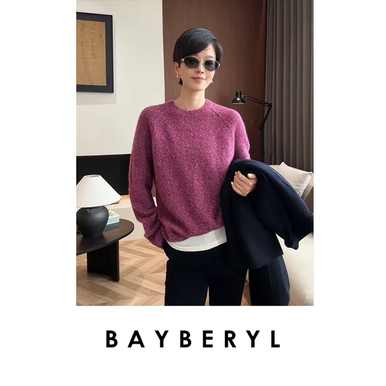 BAYBERYL老贝瑰紫*花纱丝羊绒插肩袖秋圆领针织衫ZZS5H2544-9/14