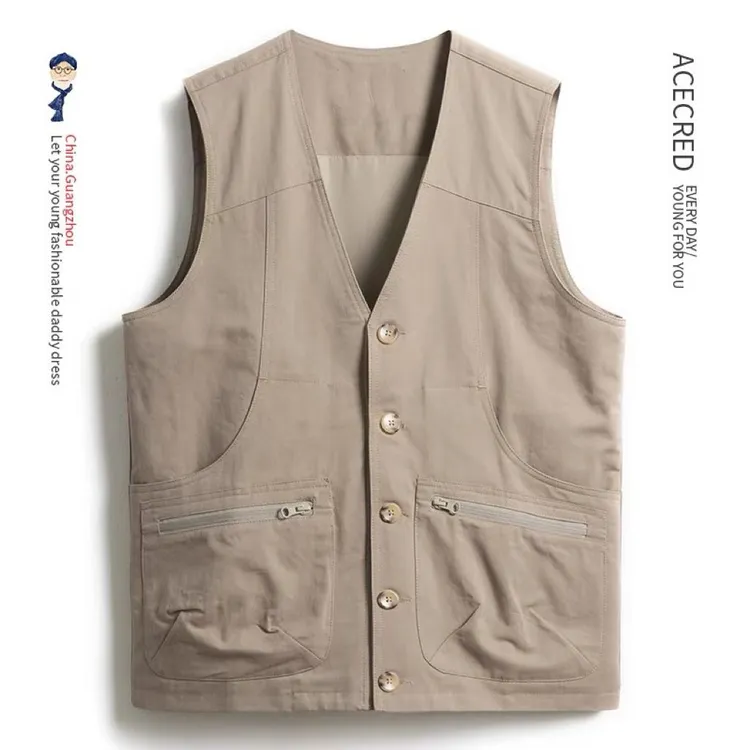 宽松型男春季无图案四季通用水洗纯色马甲多口袋标准男士男款