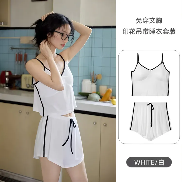 2025新款睡衣短裤套装女夏季甜美白色胸垫吊带可外穿睡衣套装女