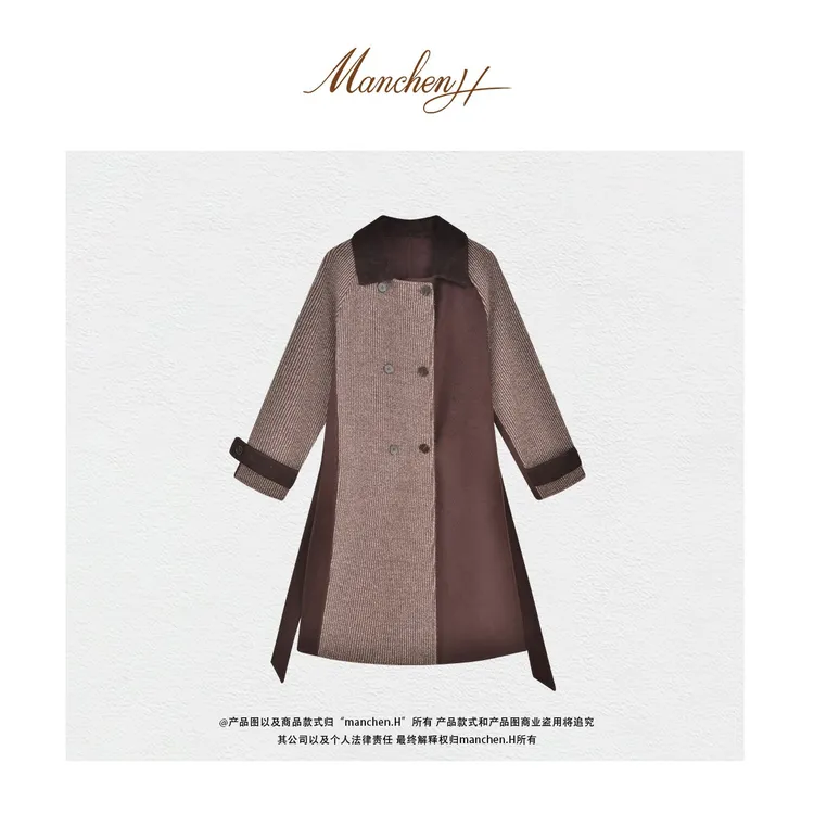 曼辰manchenh"缪斯法典"重磅针织拼羊绒羊毛桑蚕丝双面呢大衣