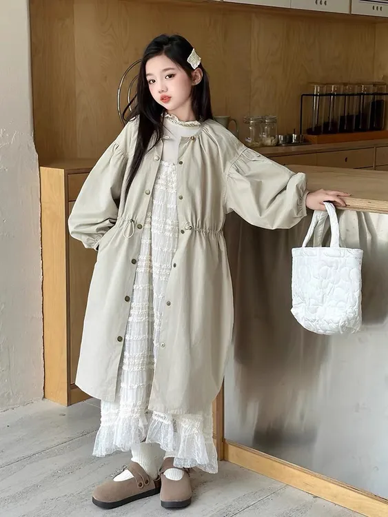 2025春秋新版洋气韩版女童外套中大童时尚宽松上衣儿童中长款风衣