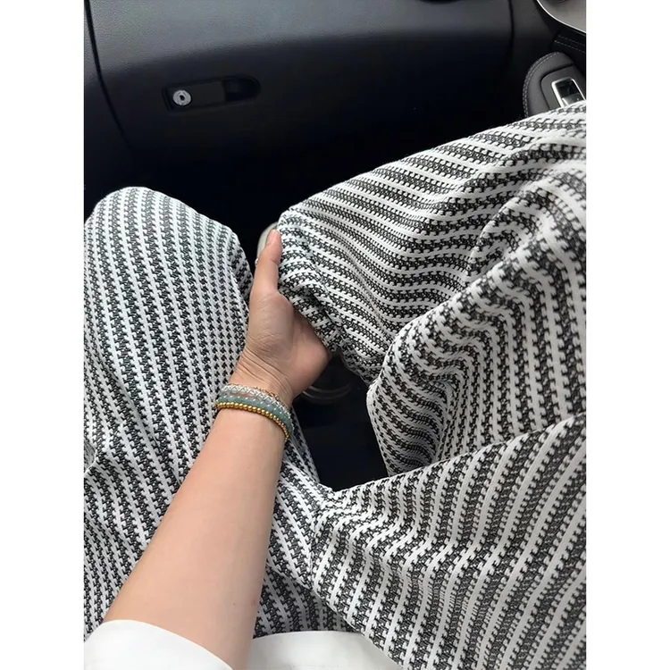 编织条纹休闲裤子男春秋潮流痞帅宽松直筒裤美式重磅阔腿大码男裤