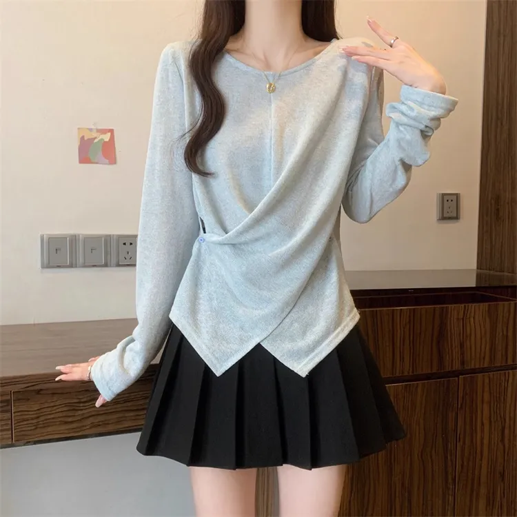 卡莲格/不规则交叉雪花棉长袖打底衫女早秋薄款微胖mm显瘦T恤上衣
