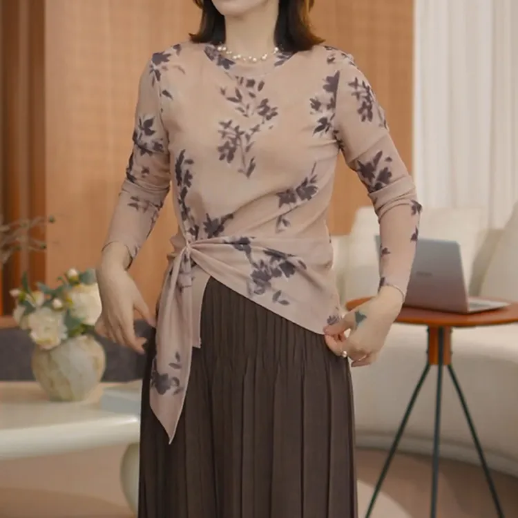 优雅气质不规则长袖系带t恤女早秋新款修身独特减龄洋气圆领上衣