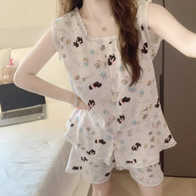 带胸垫睡衣女款夏季云朵棉可爱腊肠狗吊带短裤背心外穿家居服套装