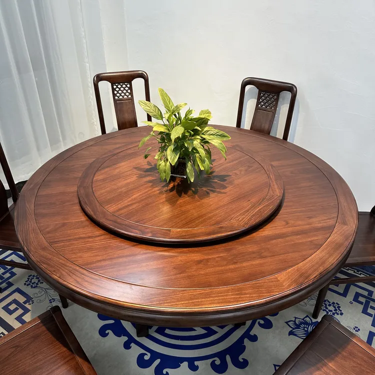 乌金全实木新中式餐桌椅组合家用餐桌圆形转盘餐桌椅餐台圆桌古典