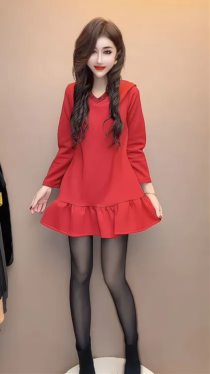 秋冬新款时尚大码百搭显瘦长袖连衣裙欧货重工烫钻V领荷叶边短裙