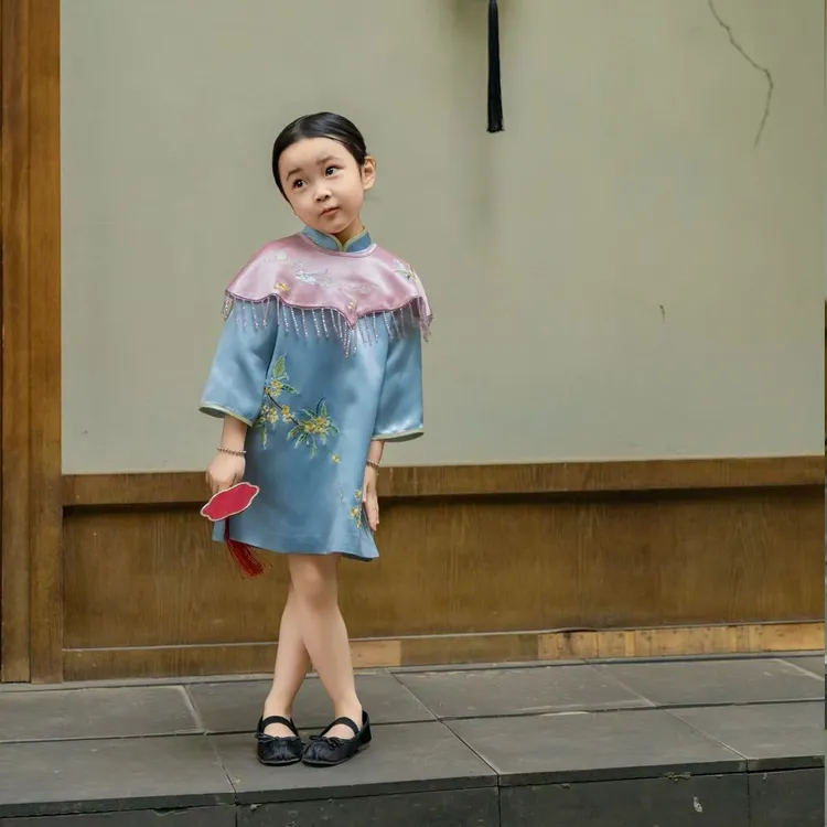 中秋套装童装女童复古旗袍裙2025秋季新款洋气小女孩古风披肩马甲