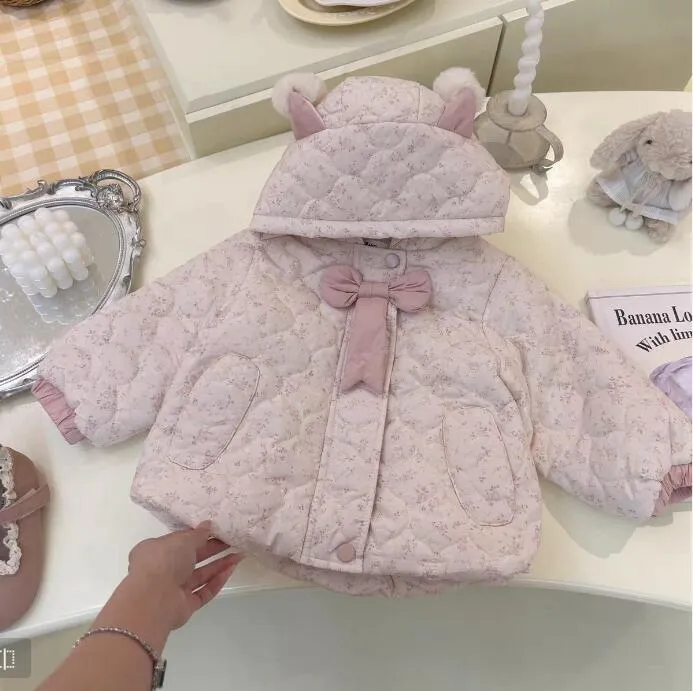 小女孩棉袄韩版冬款新品粉色加厚保暖可爱中小童蝴蝶结碎花棉服  