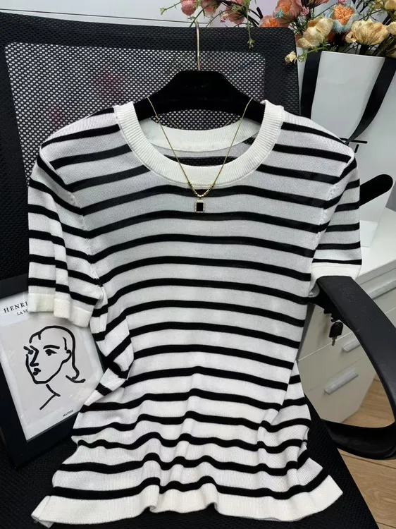 修身显瘦时尚夏季上衣条纹毛针织衫短袖百搭打底衫女装不褪色镂空