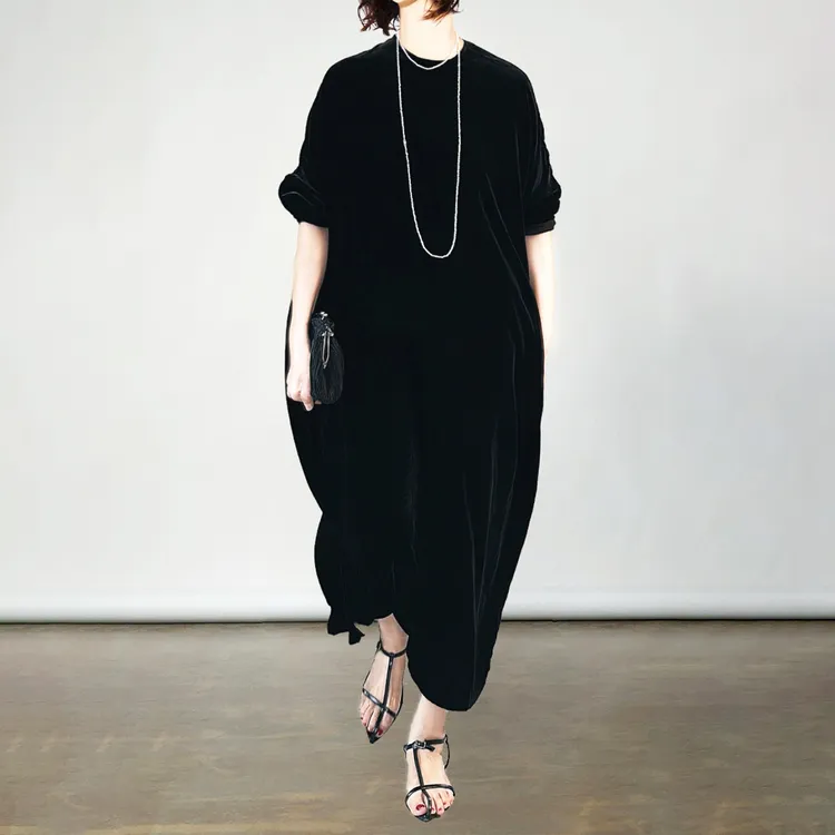 梵熹桑蚕丝绒长袖连衣裙女2025早秋气质真丝改良旗袍宽松茧型长裙