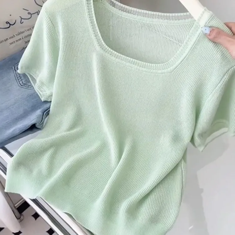 2025新款韩系小清新薄荷绿方领短袖冰丝针织衫女夏季高级上衣女装