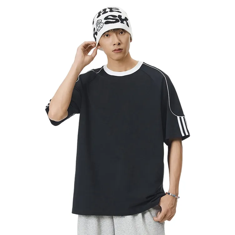 美式插肩袖圆领短袖T恤男女潮牌宽松织带拼接运动半袖衫