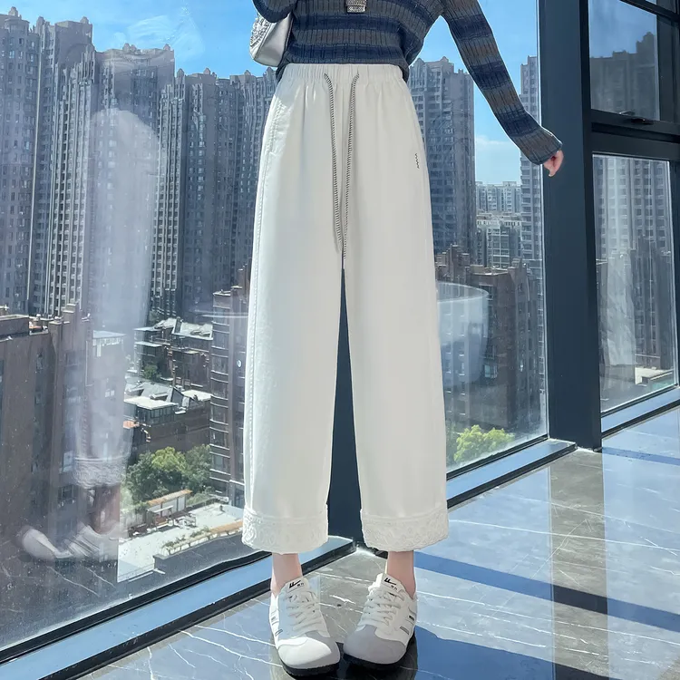 米白色休闲裤女春秋季2025新款高腰宽松显瘦垂感小个子九分直筒裤