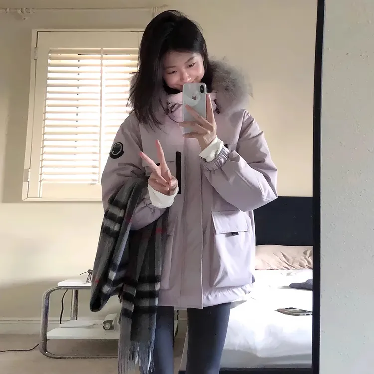 大毛领冰晶紫棉服女2025年冬季新款小个子工装派克服棉衣加厚外套