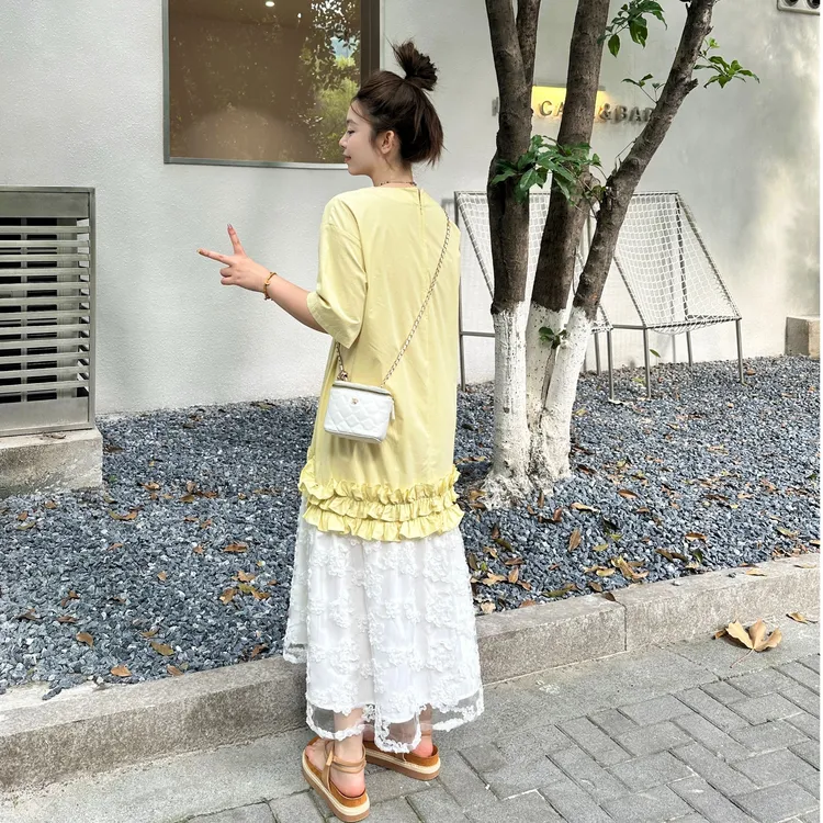 晶咕软软【夏日暖风】时尚休闲韩版小清新下摆花边拼接蕾丝