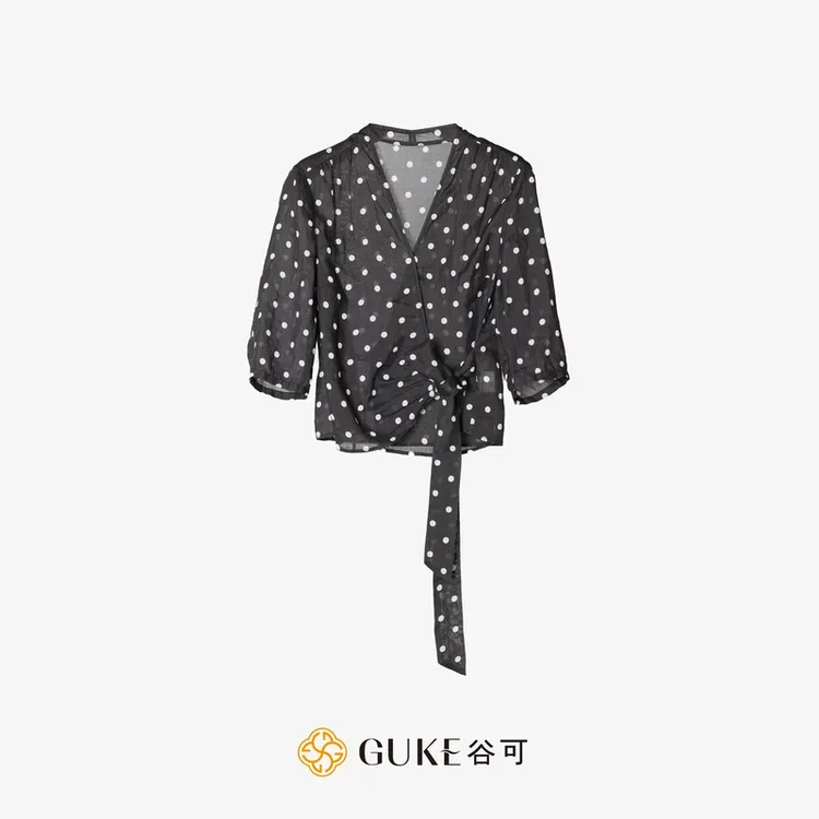 GKE/谷可S5186波点苎麻衬衫女2025夏季新款法式系带时尚通勤衬衣