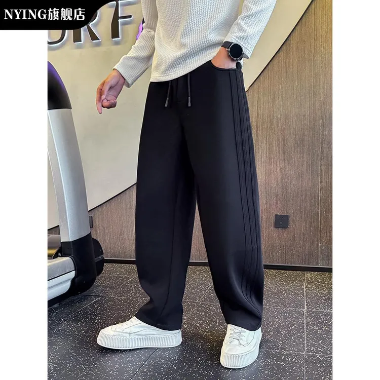 NYING2025新款冬季高级感条纹直筒卫裤男痞帅休闲裤风弯刀裤裤子