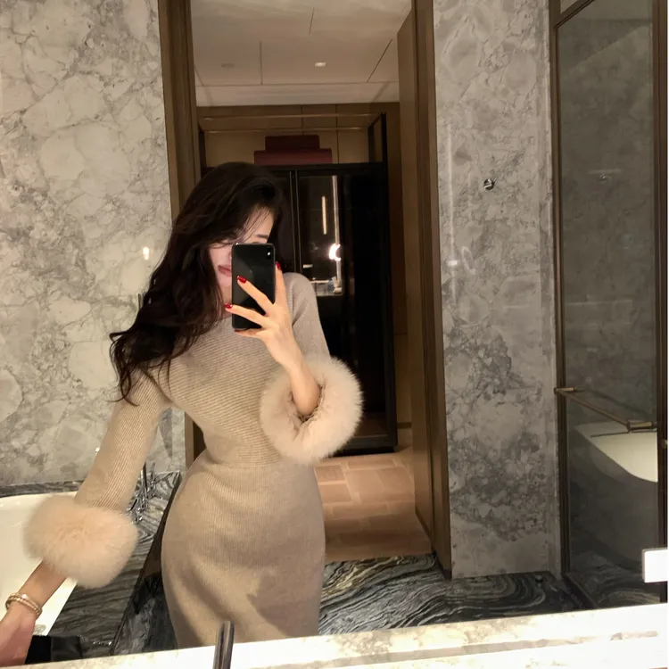 金南一七分袖一字领阿拉善羊绒绵羊毛混纺针织连衣裙0101411272